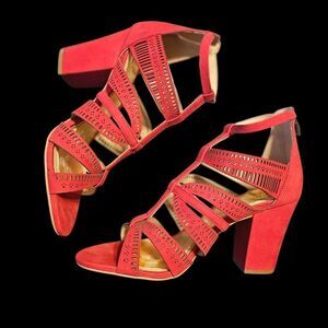 Vince Camuto Red Rose Strappy Suede Block Heels